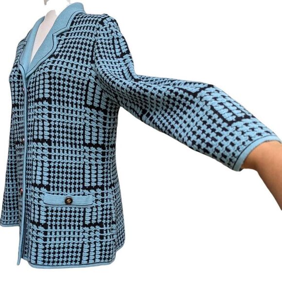 Belmonde Blue Navy Houndstooth Blazer Sweater Button Up Pockets Wool Size 12 Vtg - Picture 2 of 9
